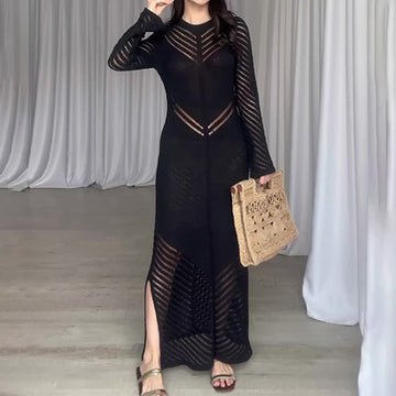Women's Autumn Round-Collar Knitted Long Dress High-Waisted Waist-Coated Dress